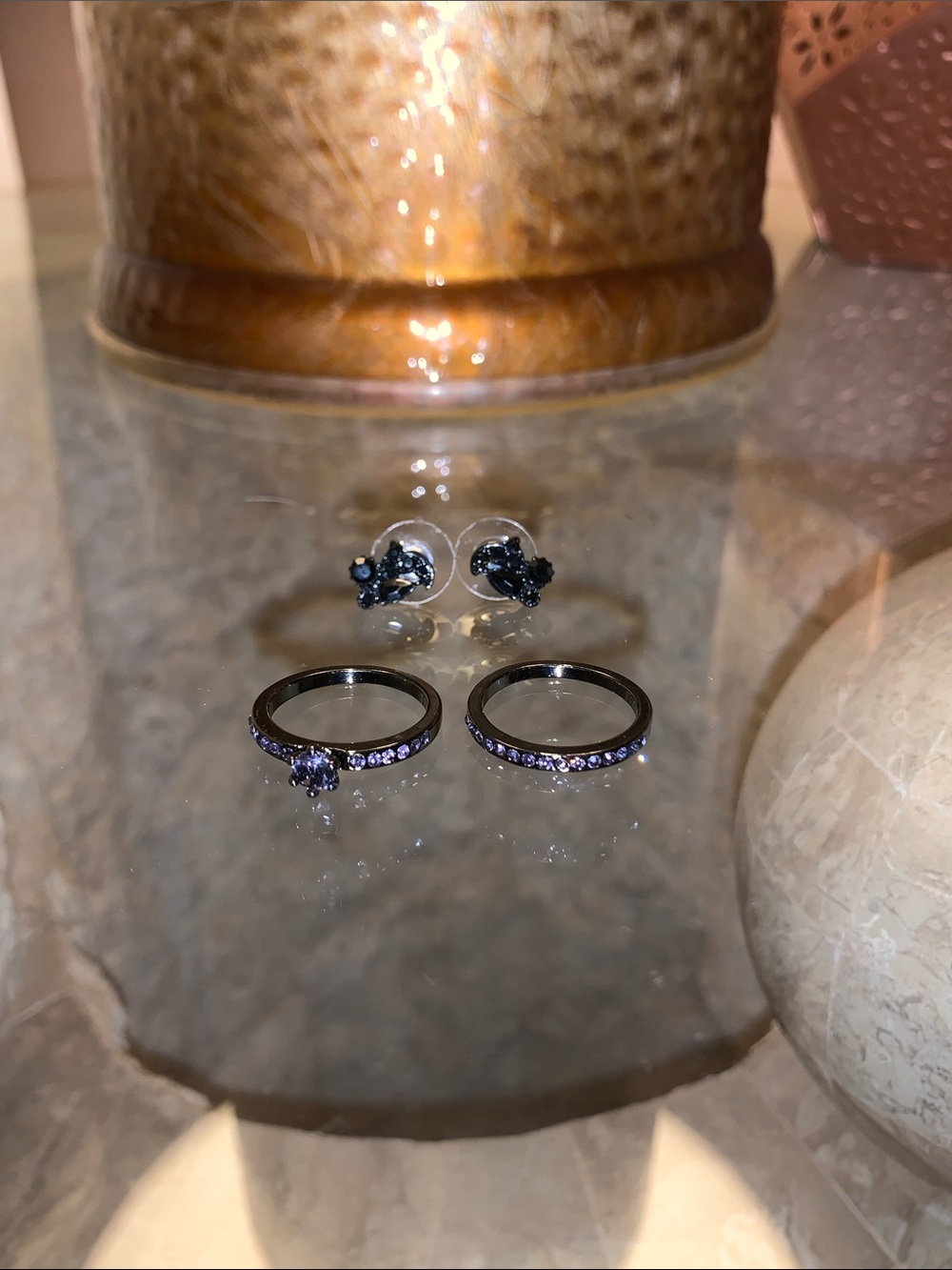 Black & Purple Crystal Stackable Rings and Stud Earrings Set